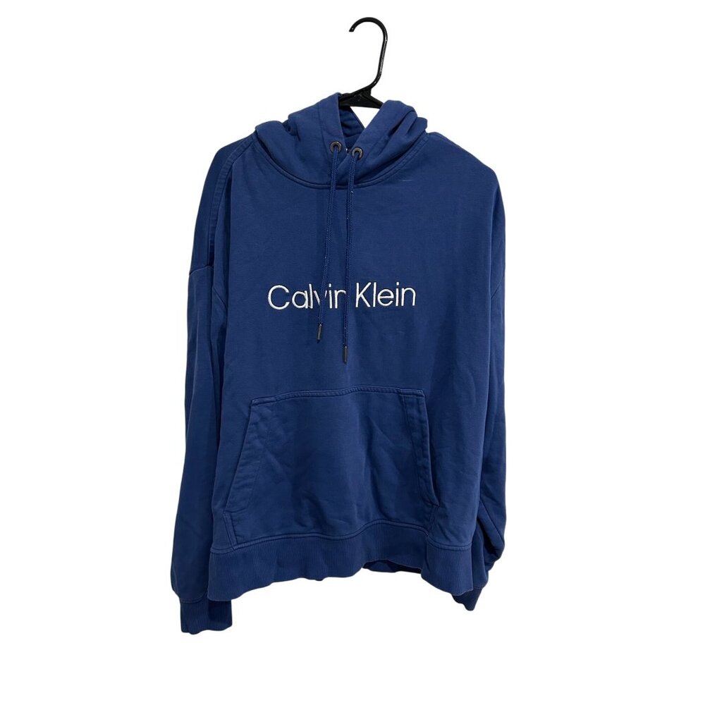 Calvin Klein Blue Hoodie With Kangaroo Pocket Drawstring Hood Sz Large